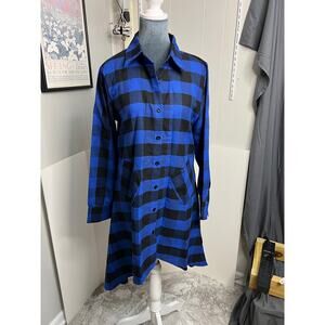Womens OLRAIN Size Small Plaid Button Up Shirt Dress Blue/Blk
